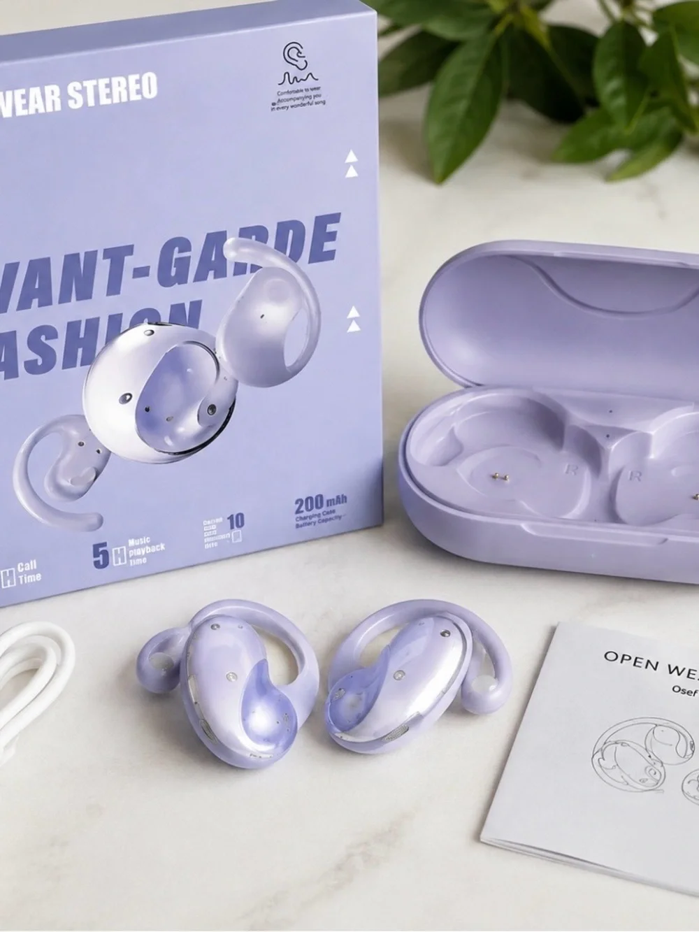Crystal White Open-Wear Stereo Wireless Earbuds with Charging Case
